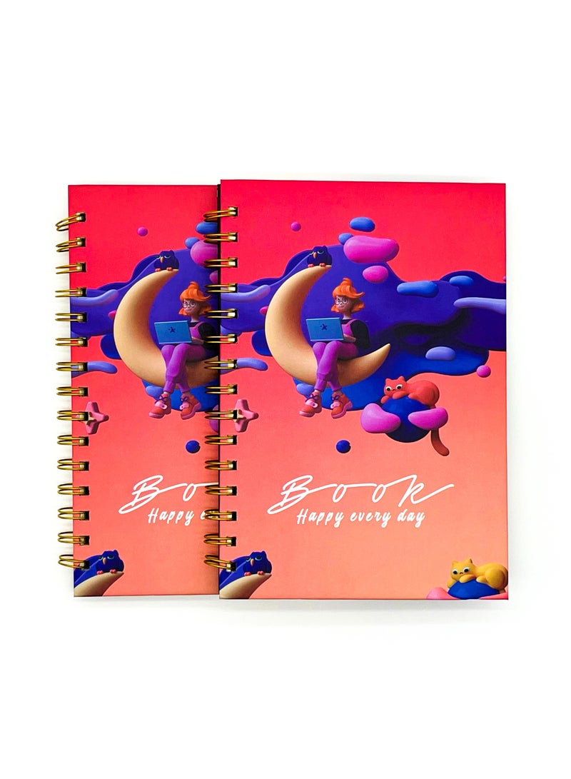 Generic 2-piece set of A5 Coil Notebook 160 Page Horizontal Grid Diary Creative Pattern Notebook Suitable for Student Office Travel Meetings Business Writing  - Image 1