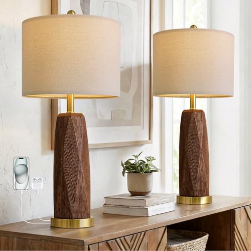 BOBOMOMO 27.5" Table Lamps Set of 2 with USB-A & USB-C Charging Ports, Wood Texture Resin Bedside Lamps with Linen Shade & Rotary Switch, Tall Nightstand Lamps for Bedroom, Living Room Office - Image 1