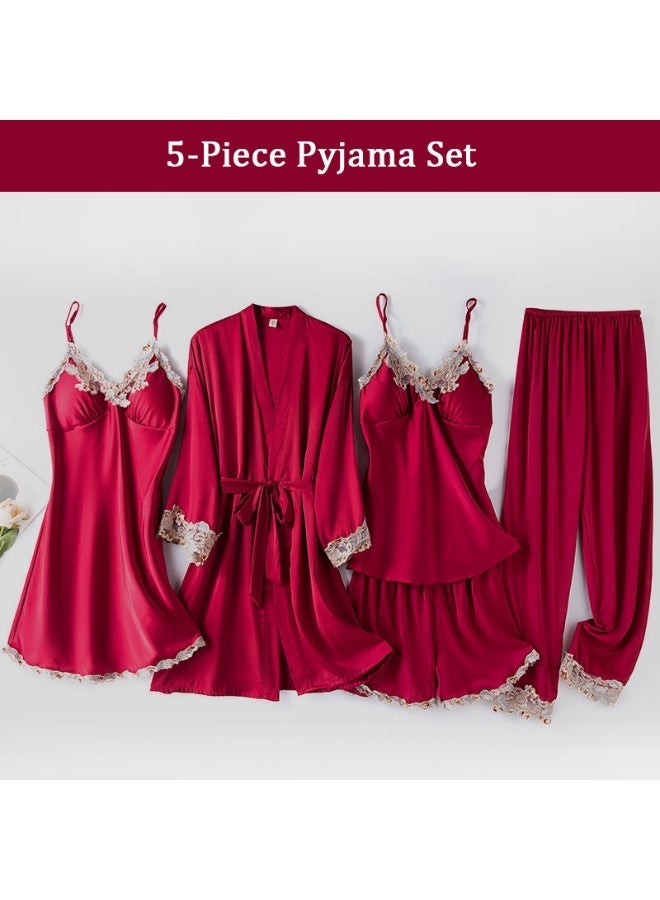 5-piece Spring Summer Autumn Winter Women's Pajamas Ice Silk Thin Nightgown Comfty Woven Belt Design Suspenders Wine Red - Image 1