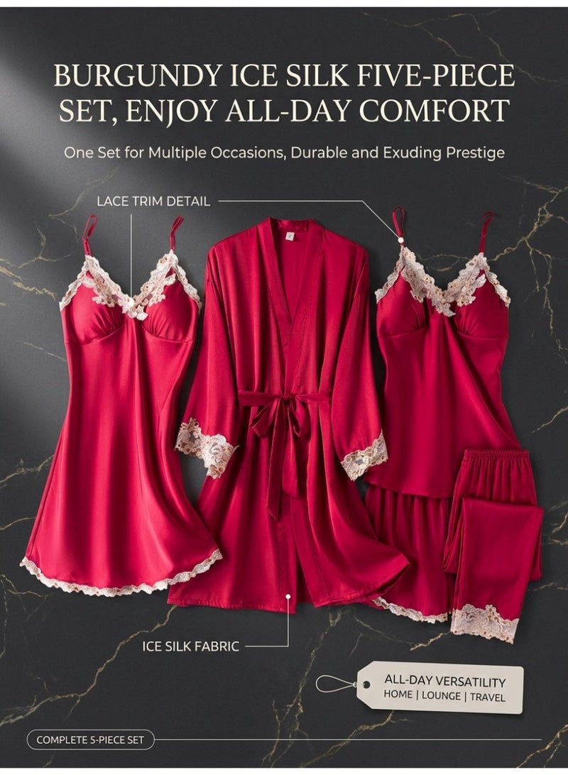5-piece Spring Summer Autumn Winter Women's Pajamas Ice Silk Thin Nightgown Comfty Woven Belt Design Suspenders Wine Red - Image 3