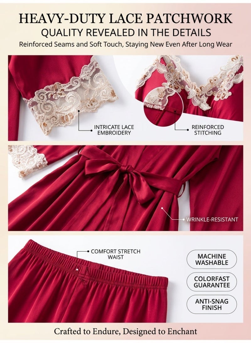 5-piece Spring Summer Autumn Winter Women's Pajamas Ice Silk Thin Nightgown Comfty Woven Belt Design Suspenders Wine Red - Image 4