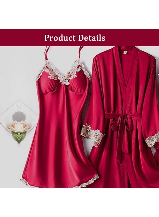 5-piece Spring Summer Autumn Winter Women's Pajamas Ice Silk Thin Nightgown Comfty Woven Belt Design Suspenders Wine Red - Image 5
