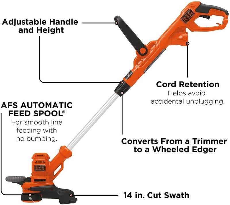 BLACK+DECKER Weed Wacker with Auto Feed, 14-Inch 2 in 1 String Trimmer Lawn Edger, Powerful 6.5-Amp Lightweight Electric Weed Eater (BESTA510) - Image 4