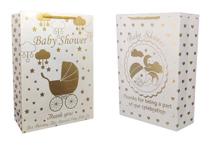 TASCHE TASCHE Gold Baby Shower and Trolly Baby Shower Design Printed Assorted Paper Carry Bags Gift Bags for Return gifts and Birthday presents 11 8 3 Inches Pack of 24 
