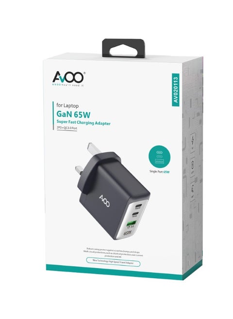 USB-C plug 65W,  GaN charger, compact fast GaN charger with 3 ports for MacBook Pro/Air, iPhone 14/Pro, iPad Pro, Dell XPS, Galaxy S23/S22, Note20, Pixel, Apple Watch, and more, black
