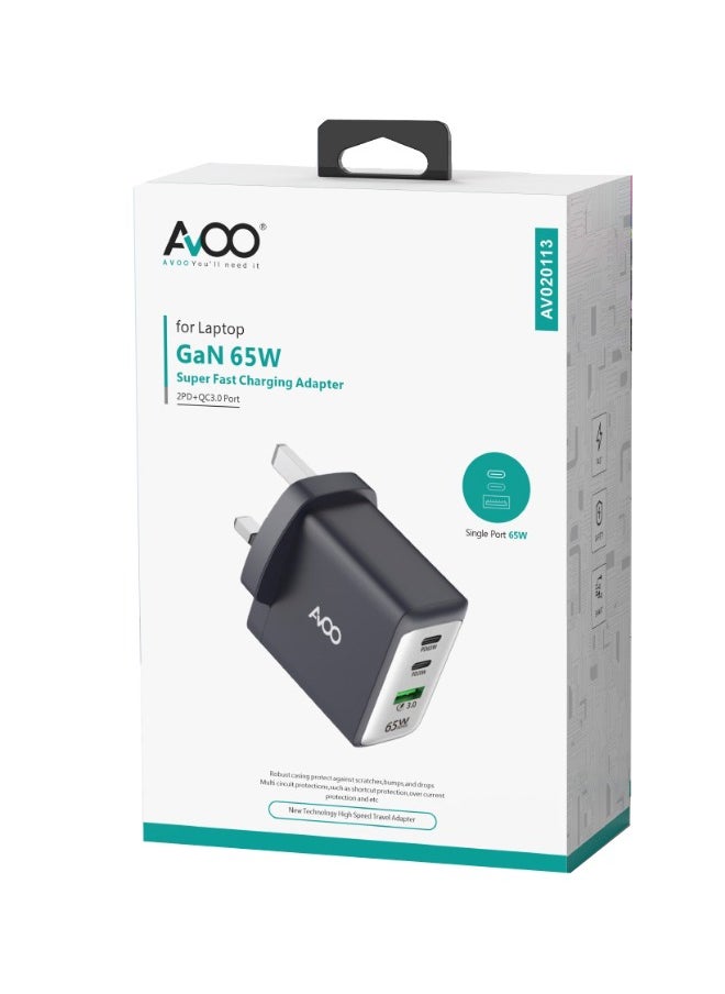 USB-C plug 65W,  GaN charger, compact fast GaN charger with 3 ports for MacBook Pro/Air, iPhone 14/Pro, iPad Pro, Dell XPS, Galaxy S23/S22, Note20, Pixel, Apple Watch, and more, black