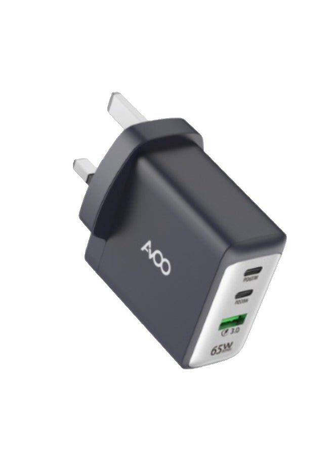 USB-C plug 65W,  GaN charger, compact fast GaN charger with 3 ports for MacBook Pro/Air, iPhone 14/Pro, iPad Pro, Dell XPS, Galaxy S23/S22, Note20, Pixel, Apple Watch, and more, black
