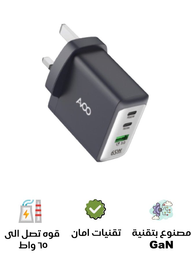 USB-C plug 65W,  GaN charger, compact fast GaN charger with 3 ports for MacBook Pro/Air, iPhone 14/Pro, iPad Pro, Dell XPS, Galaxy S23/S22, Note20, Pixel, Apple Watch, and more, black