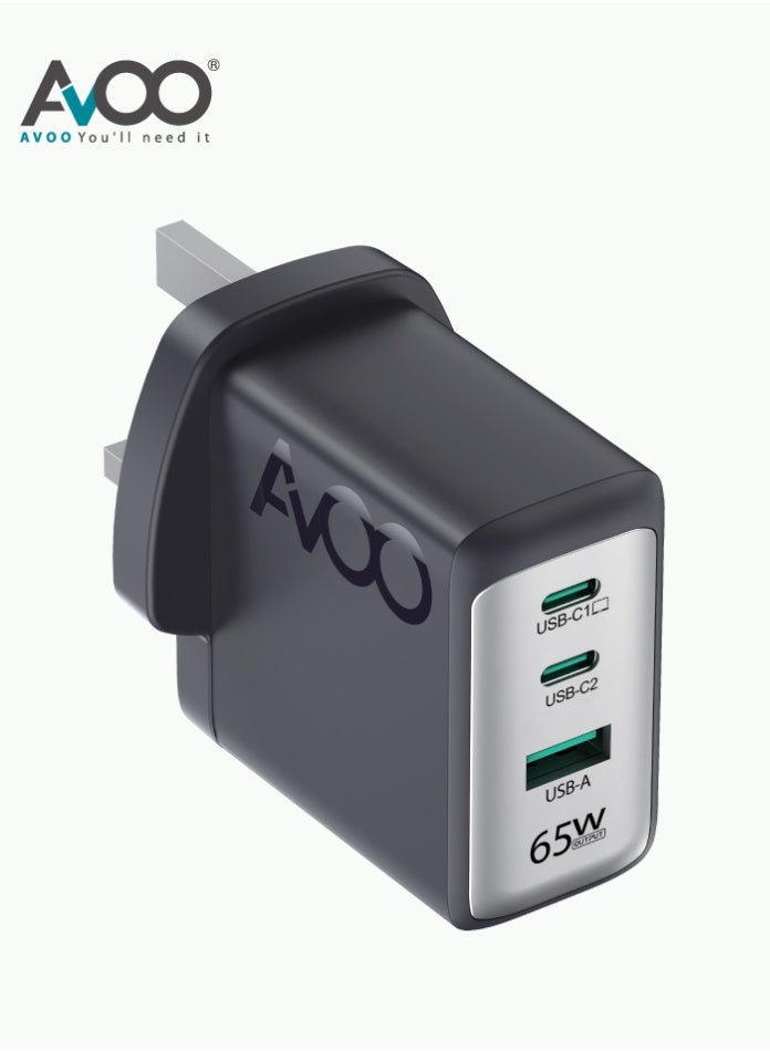 أفو شاحن 65 واط USB C، شاحن GaN ، راس شاحن GaN صغير الحجم سريع بـ 3 منافذ لأجهزة MacBook Pro/Air، iPhone 14/Pro، iPad Pro، Dell XPS، Galaxy S23/S22، Note20، Pixel، Apple Watch، والمزيد أسود - Image 1