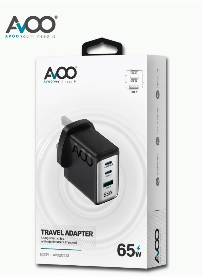 أفو شاحن 65 واط USB C، شاحن GaN ، راس شاحن GaN صغير الحجم سريع بـ 3 منافذ لأجهزة MacBook Pro/Air، iPhone 14/Pro، iPad Pro، Dell XPS، Galaxy S23/S22، Note20، Pixel، Apple Watch، والمزيد أسود - Image 2
