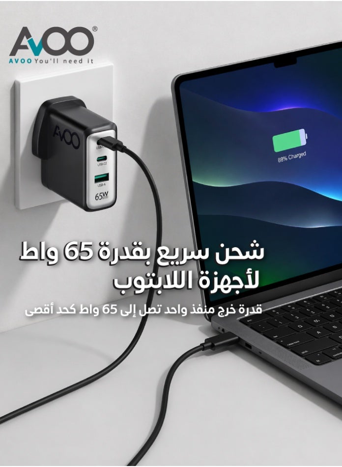 أفو شاحن 65 واط USB C، شاحن GaN ، راس شاحن GaN صغير الحجم سريع بـ 3 منافذ لأجهزة MacBook Pro/Air، iPhone 14/Pro، iPad Pro، Dell XPS، Galaxy S23/S22، Note20، Pixel، Apple Watch، والمزيد أسود - Image 4