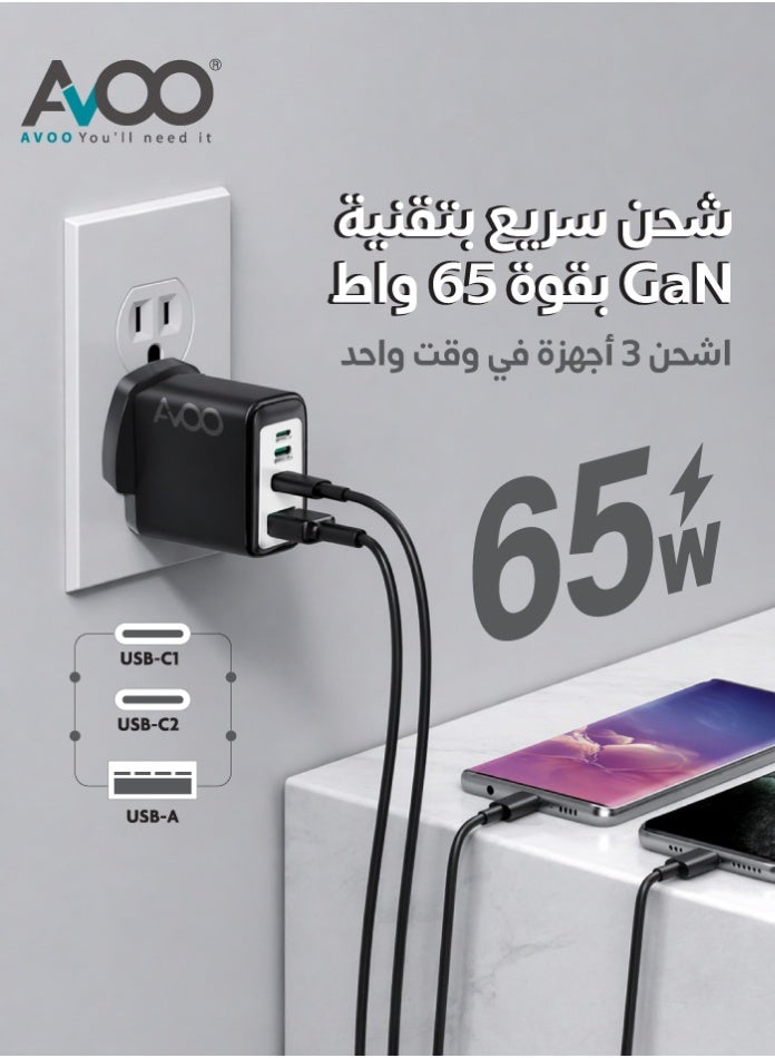 أفو شاحن 65 واط USB C، شاحن GaN ، راس شاحن GaN صغير الحجم سريع بـ 3 منافذ لأجهزة MacBook Pro/Air، iPhone 14/Pro، iPad Pro، Dell XPS، Galaxy S23/S22، Note20، Pixel، Apple Watch، والمزيد أسود - Image 5