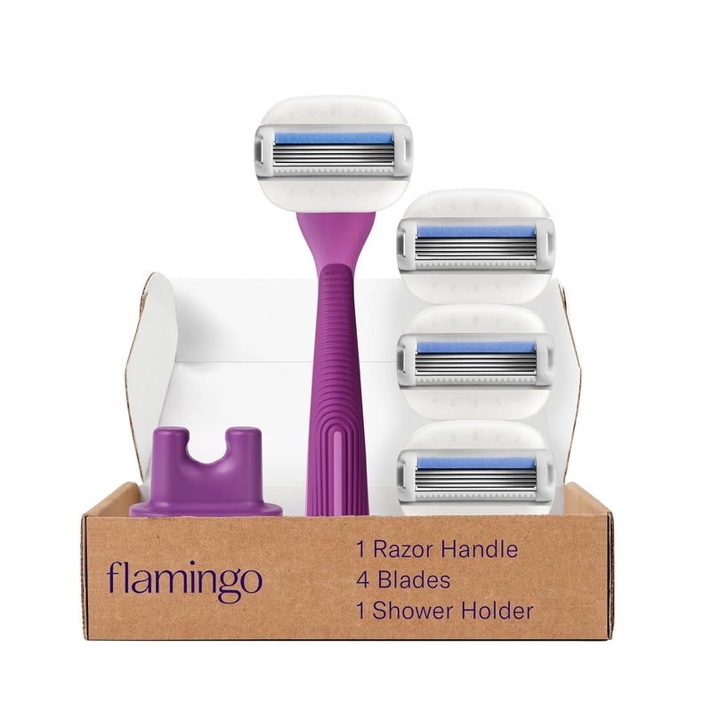 Flamingo Moisture Plus Womens Razor Set  Razor Handle 4 Razor Blade Refills Shower Holder  Fig