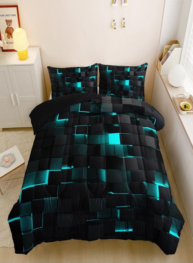Nttopship Neon Turquoise Black Comforter Set Full Geometric Kids Bedding Set,3 PCS Geometry Honeycomb Bed Set Modern Quilt Set 1 Comforter 2 Pillow Cases Cool Room Decor All Season B-Side Black - Image 3