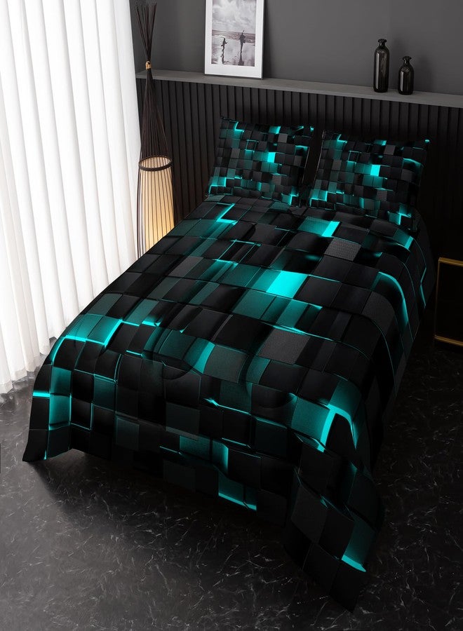 Nttopship Neon Turquoise Black Comforter Set Full Geometric Kids Bedding Set,3 PCS Geometry Honeycomb Bed Set Modern Quilt Set 1 Comforter 2 Pillow Cases Cool Room Decor All Season B-Side Black - Image 2