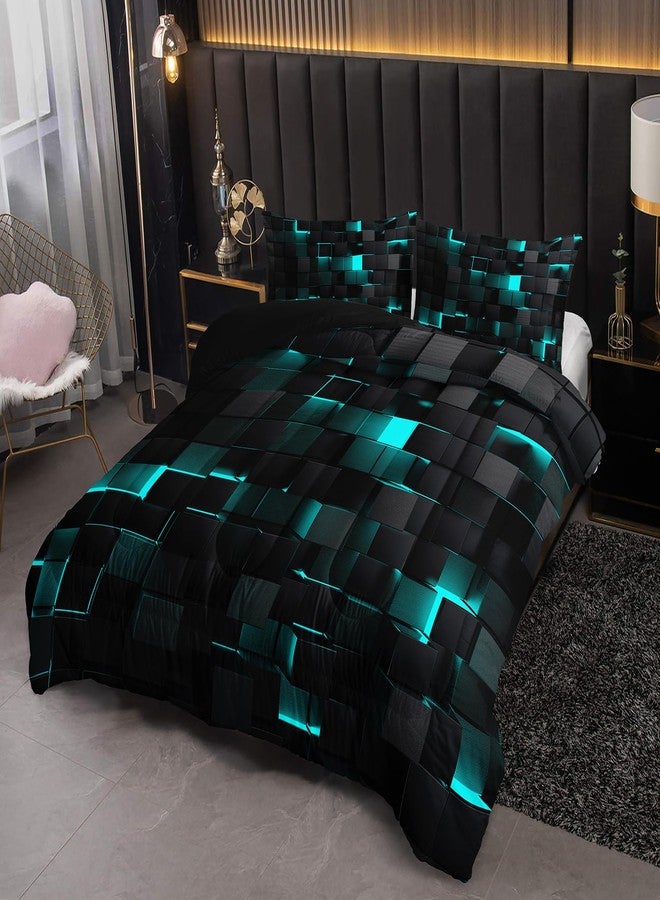 Nttopship Neon Turquoise Black Comforter Set Full Geometric Kids Bedding Set,3 PCS Geometry Honeycomb Bed Set Modern Quilt Set 1 Comforter 2 Pillow Cases Cool Room Decor All Season B-Side Black - Image 4