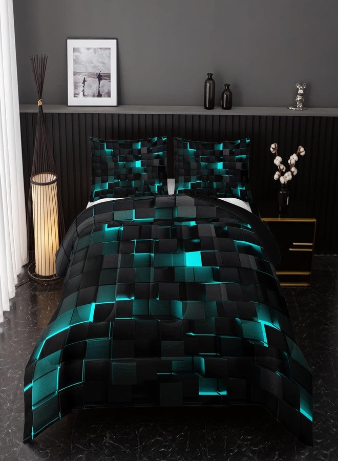 Nttopship Neon Turquoise Black Comforter Set Full Geometric Kids Bedding Set,3 PCS Geometry Honeycomb Bed Set Modern Quilt Set 1 Comforter 2 Pillow Cases Cool Room Decor All Season B-Side Black - Image 1