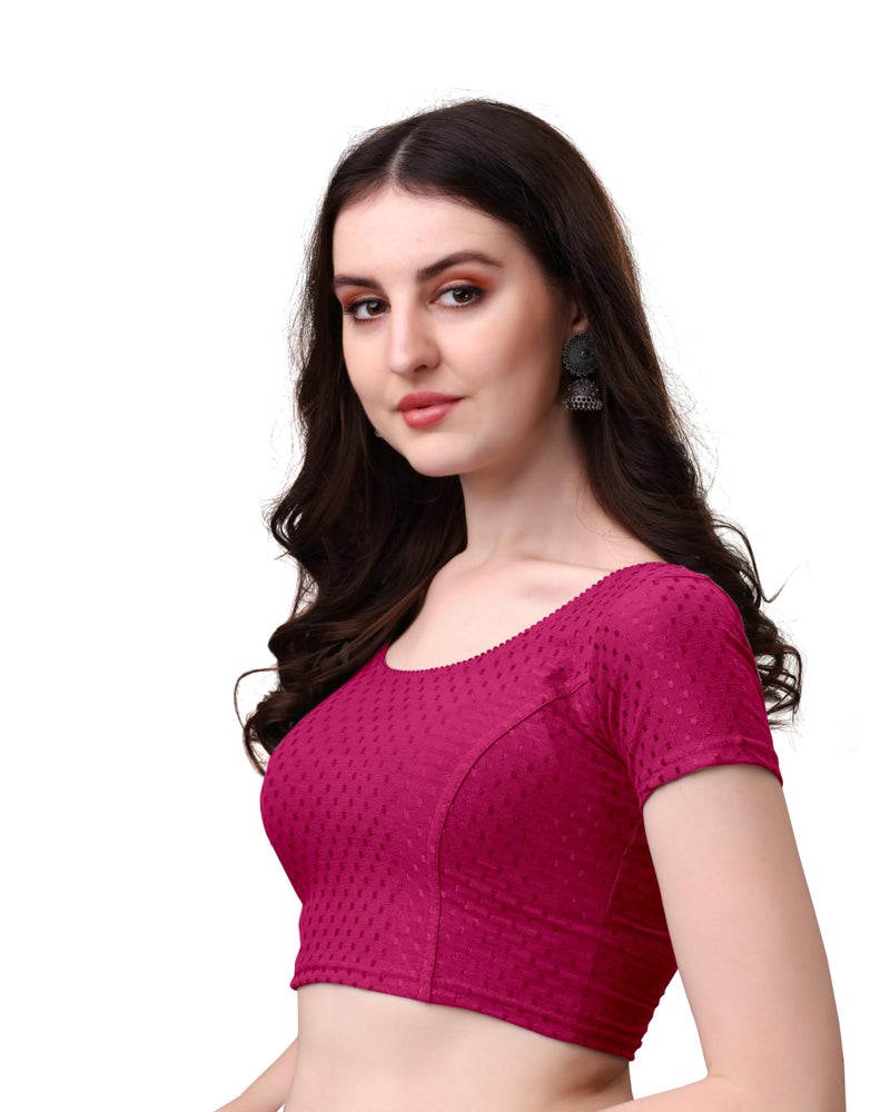 Kipzy Women's Cotton Stretchable Saree Blouse – Round Neck, Short Sleeves, Readymade Slim Fit Blouse for Women, Rani, 36 - Image 4