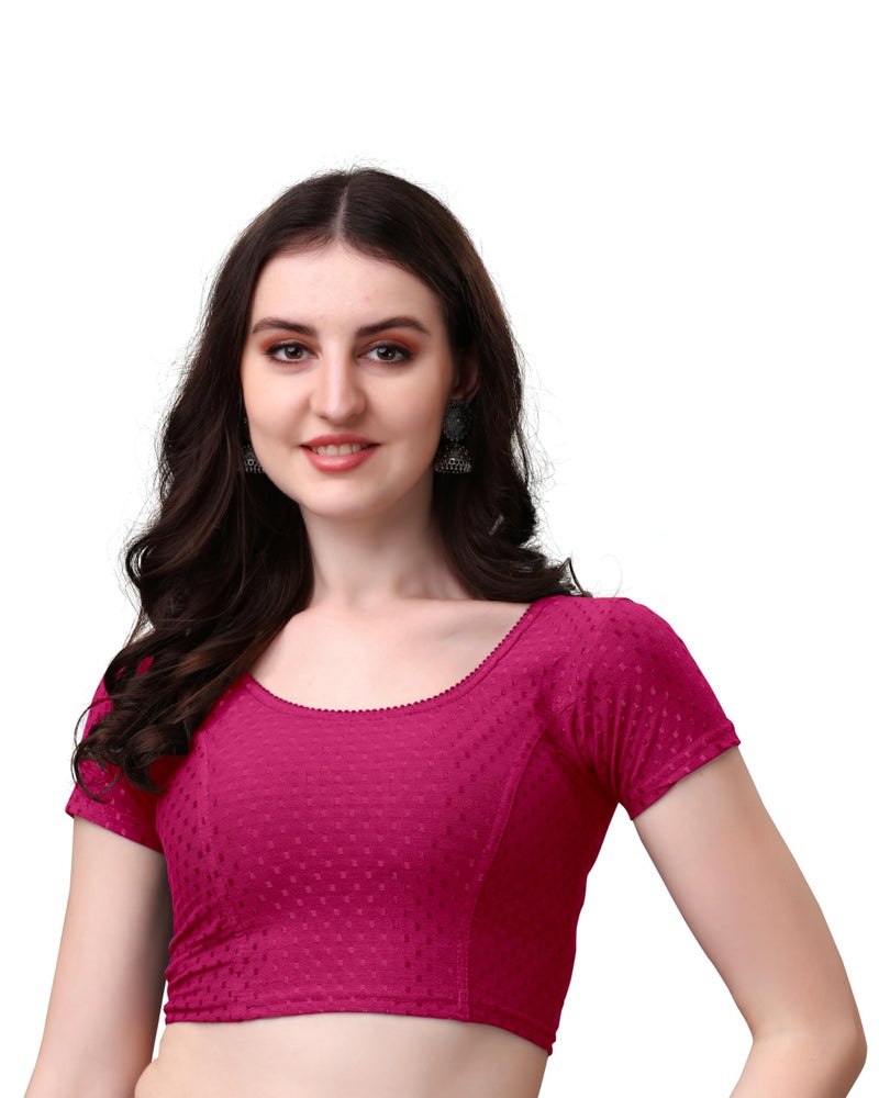 Kipzy Women's Cotton Stretchable Saree Blouse – Round Neck, Short Sleeves, Readymade Slim Fit Blouse for Women, Rani, 36 - Image 3