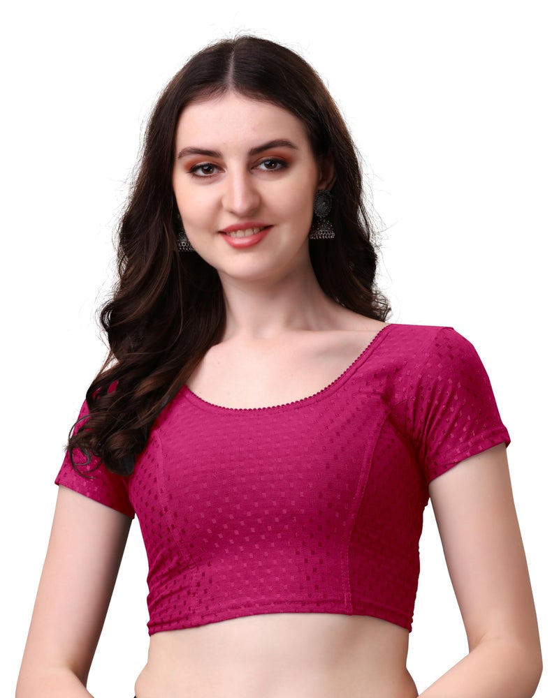 Kipzy Women's Cotton Stretchable Saree Blouse – Round Neck, Short Sleeves, Readymade Slim Fit Blouse for Women, Rani, 36 - Image 2