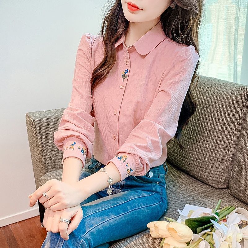 Spring and Autumn 2025 New Womens Jacquard Embroidered Cotton Shirt Womens Stylish Cotton Long Sleeve Fashionable All-match Top Lotus root pink 