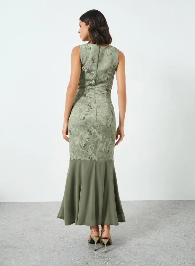 Styli sage green Green Floral Jacquard Cowl Neck Maxi Dress for Women | Best Price UAE