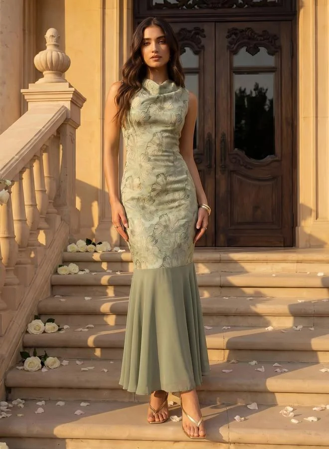 Styli sage green Green Floral Jacquard Cowl Neck Maxi Dress for Women | Best Price UAE