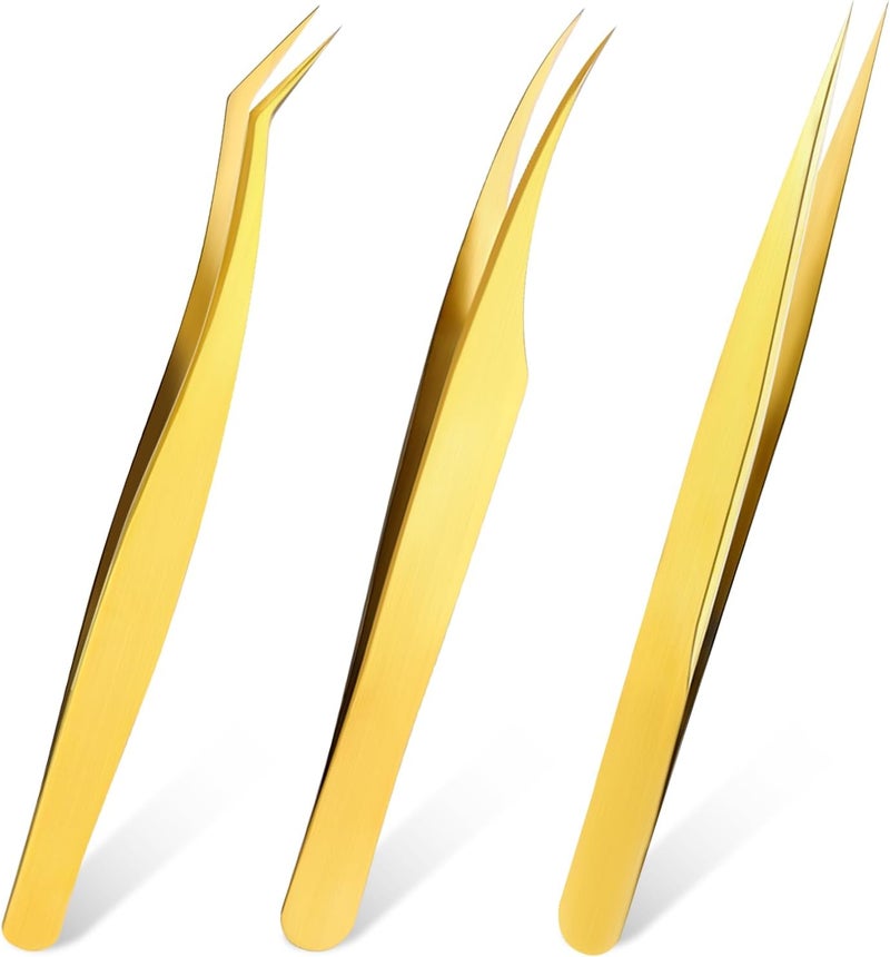 3 PCS Lash Tweezers for Eyelash Extensions High Precision Gold Metal Tweezers Set Fiber Tip and Curved Isolation Tweezers Eyelash Extension Tools for Women Volume Lash Crafting Jewelry Making