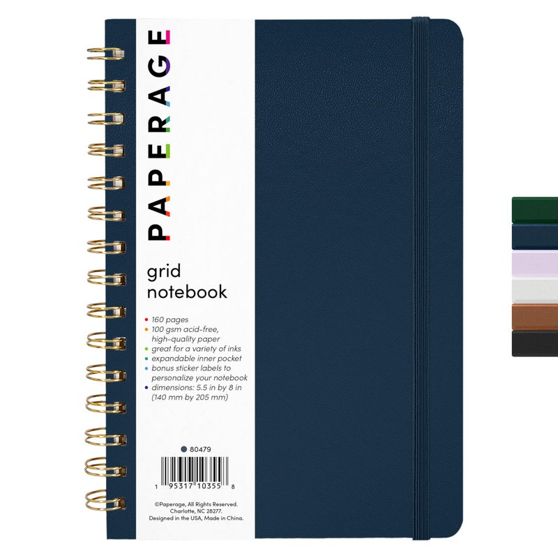 PAPERAGE Graph Paper Spiral Notebook & Journal, (Navy), 160 Pages, Medium 5.5 inches x 8 inches - 100 GSM Thick Graphing Paper, Hardcover, Double-Wire Grid Spiral Notebook - Image 1