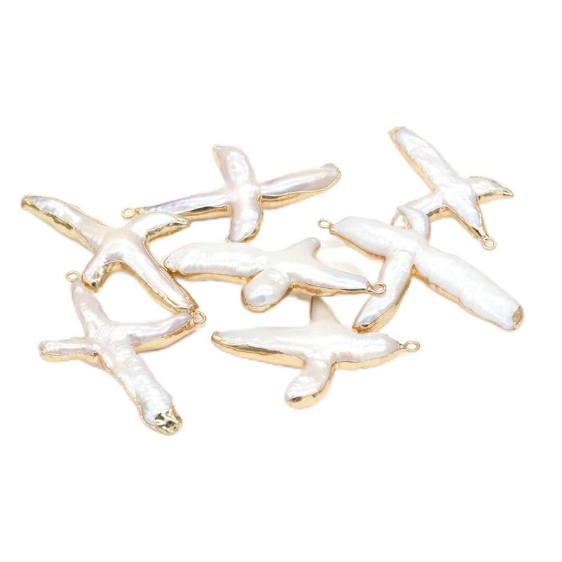 LE SKY 4 Pcs Natural Pearl Pendants Irregular Cross Shape Cultured Freshwater White Baroque Pearl Charms for Jewelry Making Gift - Image 3