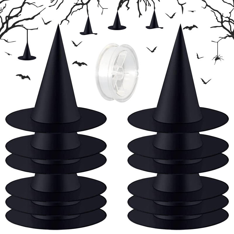 Legigo 12 PCS Halloween Decorations Witch Hat- Hanging Witch Hats Decorations with Rope, Black Witches Hat Costume Accessory for Halloween Party Decor Floating Indoor Outdoor Porch - Image 1