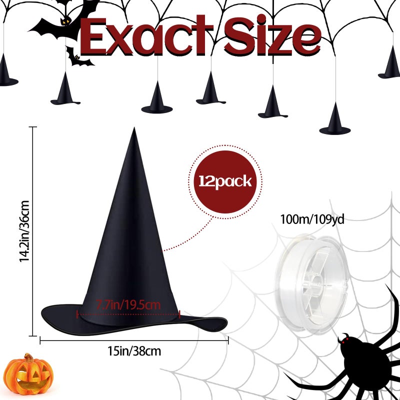 Legigo 12 PCS Halloween Decorations Witch Hat- Hanging Witch Hats Decorations with Rope, Black Witches Hat Costume Accessory for Halloween Party Decor Floating Indoor Outdoor Porch - Image 2