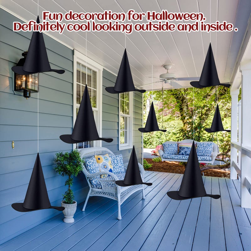 Legigo 12 PCS Halloween Decorations Witch Hat- Hanging Witch Hats Decorations with Rope, Black Witches Hat Costume Accessory for Halloween Party Decor Floating Indoor Outdoor Porch - Image 4