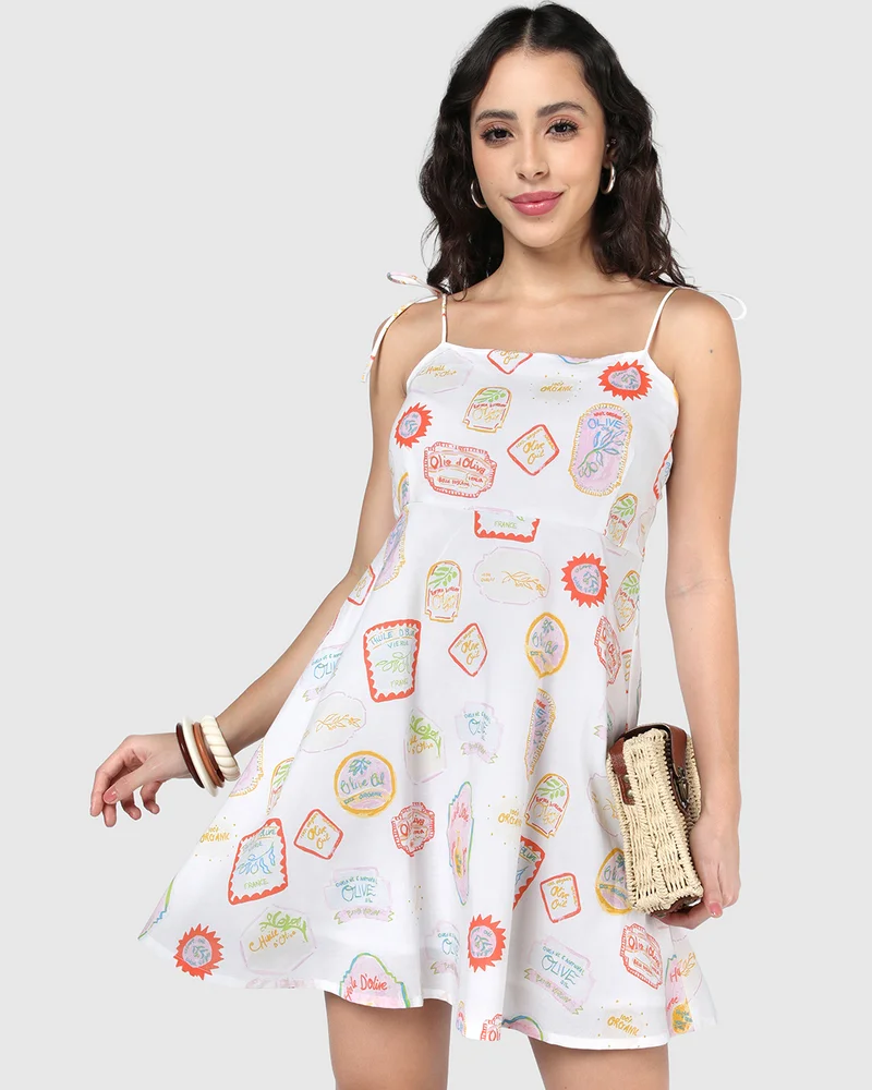 بيواكوف Women's White All Over Printed Flared Mini Dress