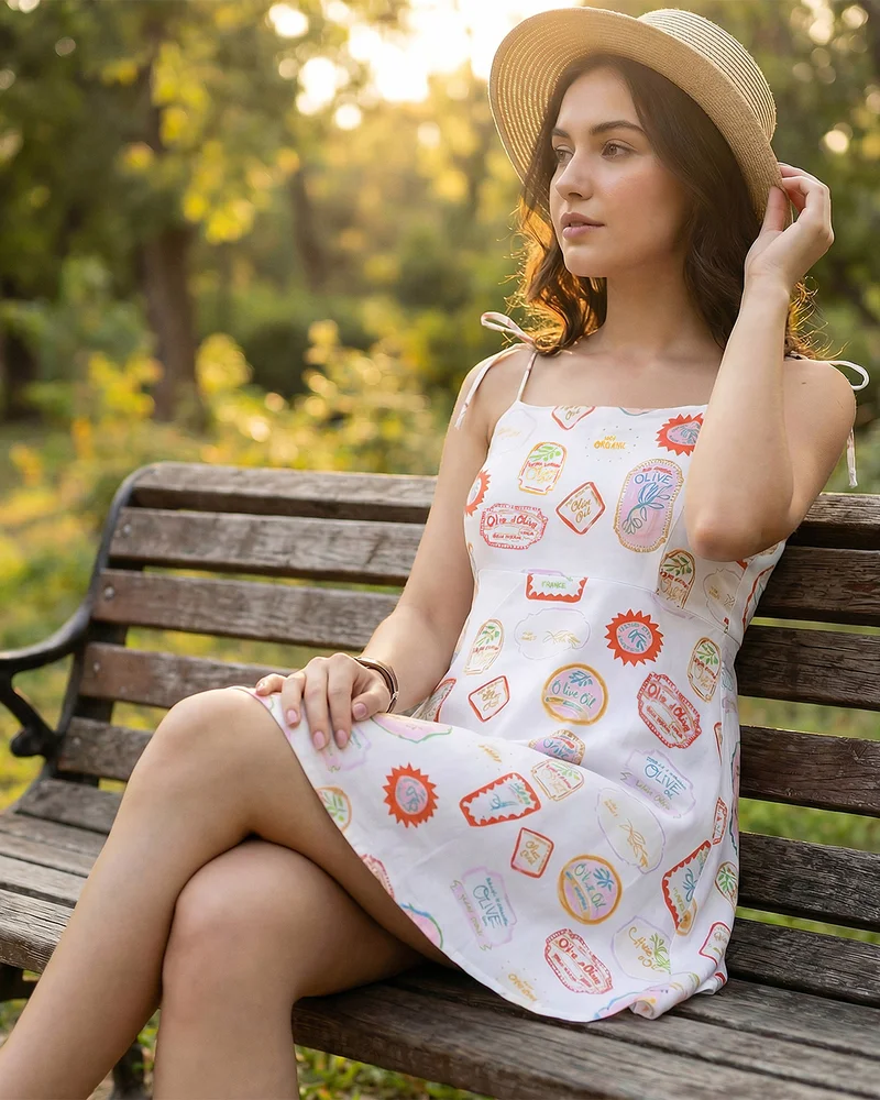 بيواكوف Women's White All Over Printed Flared Mini Dress