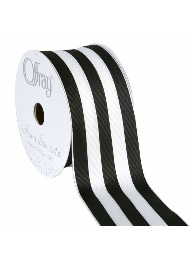 Berwick Offray 140640 2.5" Wide Wired Edge Carnival Grosgrain Ribbon, 25 Yards, Black and White Stripe Pattern - Image 1