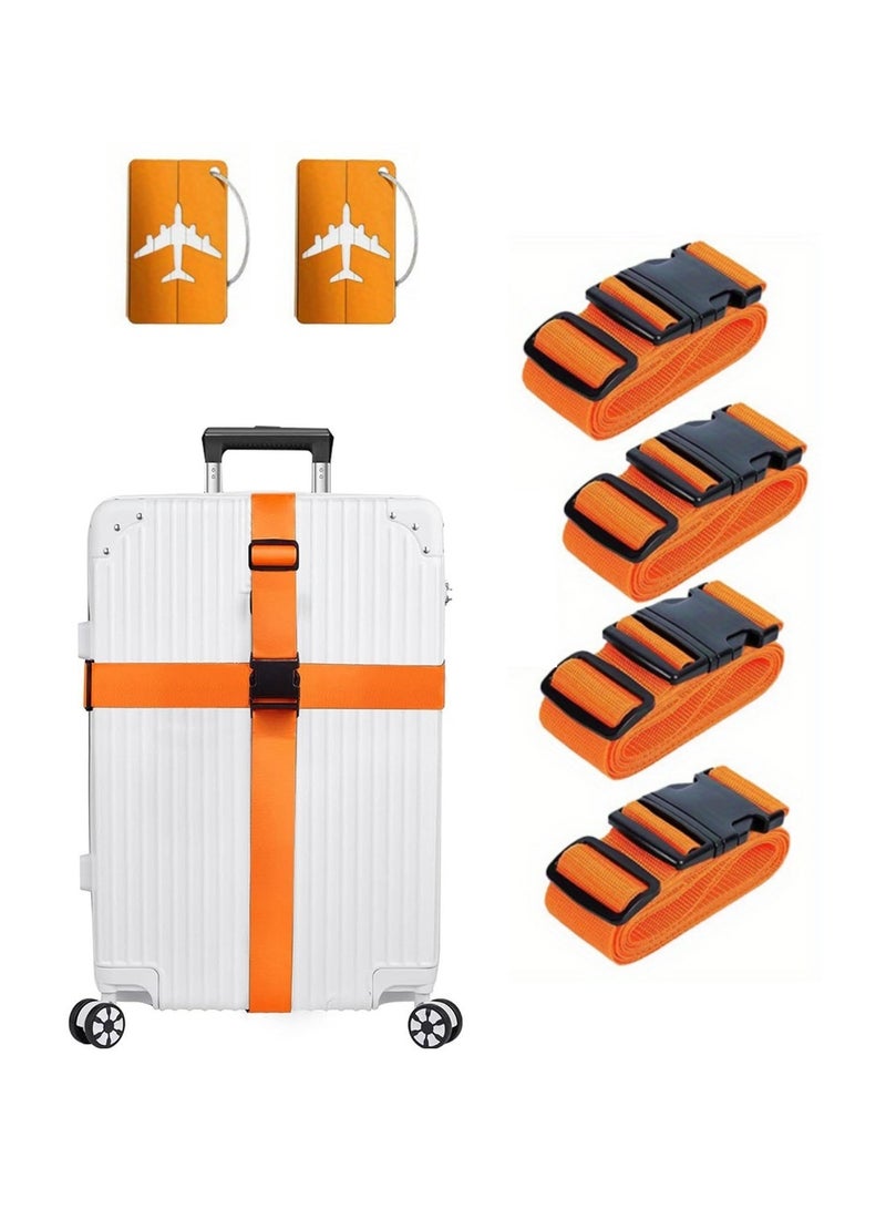 Mmmon Luggage Accessory Set 4 Pack Adjustable Suitcase Straps and 2 Pack Metal Luggage Tags, Straps and Luggage Tags fit Most Luggage (Orange) - Image 1