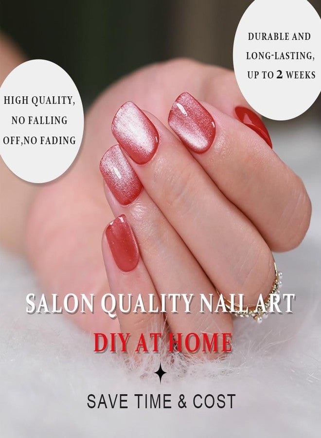 evpct Pink Cat Eye Extra Short Press on Nails Square, Petite Short Square Glue on Nails for Women Gift, Red Nude Pink Metallic Glitter Glossy Reusable Stick Gel Press on Acrylic Fake Nail with Designs - Image 4