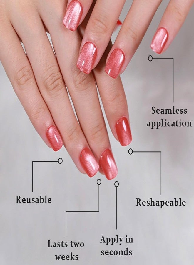 evpct Pink Cat Eye Extra Short Press on Nails Square, Petite Short Square Glue on Nails for Women Gift, Red Nude Pink Metallic Glitter Glossy Reusable Stick Gel Press on Acrylic Fake Nail with Designs - Image 5