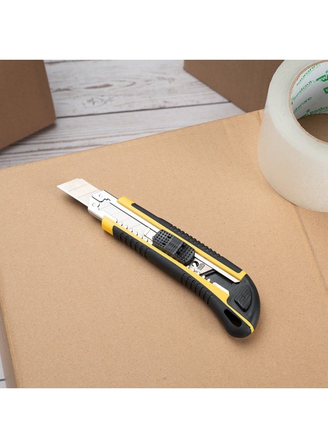 Restaurantware Handy Tek 6.7 Inch Utility Knives, 4 Heavy Duty Box Knives - Retractable, Built-In Lock, Yellow Plastic Box Cutters, Sharp Blade, For Opening Boxes And Packages  - Image 3
