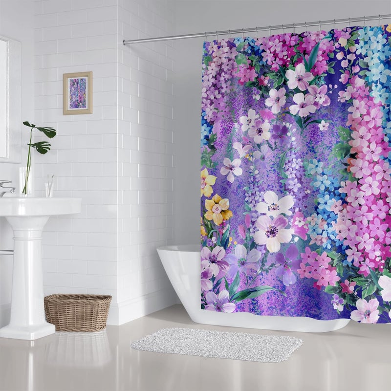 ZXMBF Purple Floral Shower Curtain Watercolor Flowers Bloom Garden Scenery Plant Home Bathroom Decor Waterproof Fabric 72Lx72W Inch with 12PCS Hooks - Image 4