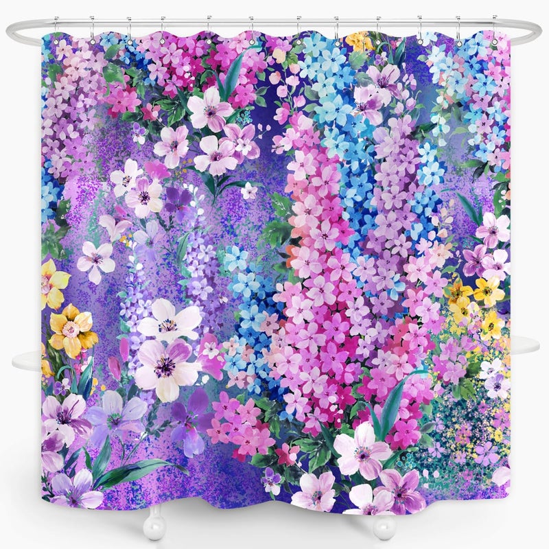 ZXMBF Purple Floral Shower Curtain Watercolor Flowers Bloom Garden Scenery Plant Home Bathroom Decor Waterproof Fabric 72Lx72W Inch with 12PCS Hooks - Image 2