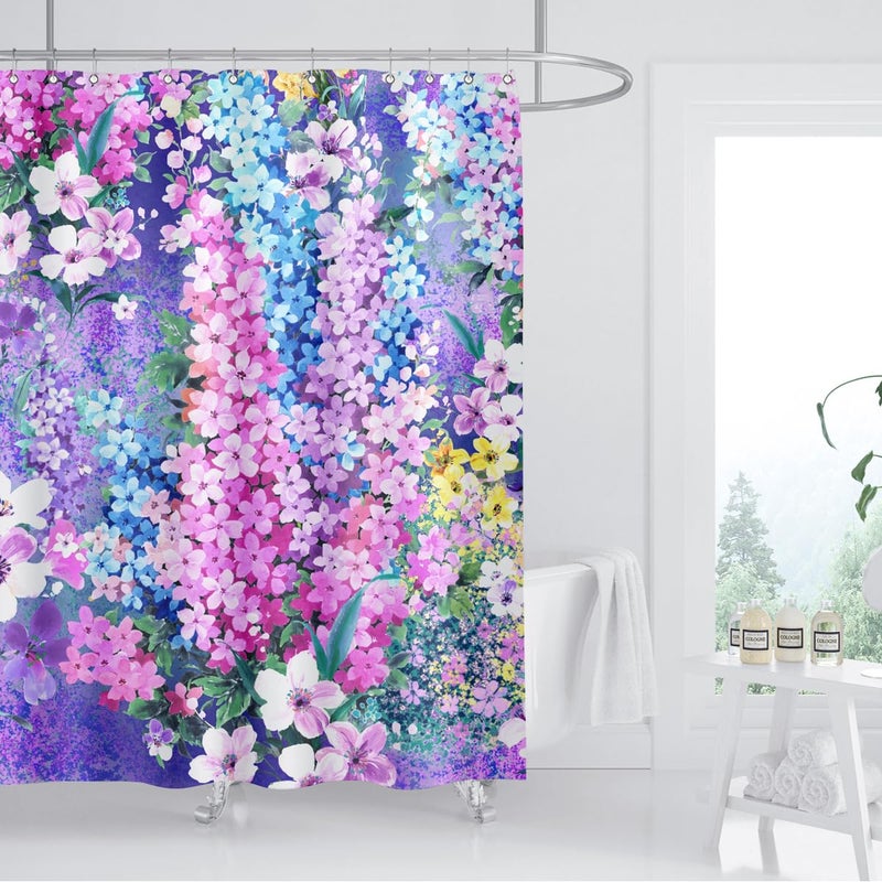ZXMBF Purple Floral Shower Curtain Watercolor Flowers Bloom Garden Scenery Plant Home Bathroom Decor Waterproof Fabric 72Lx72W Inch with 12PCS Hooks - Image 1