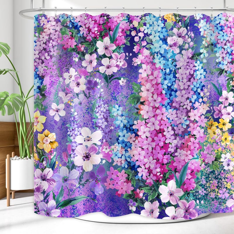 ZXMBF Purple Floral Shower Curtain Watercolor Flowers Bloom Garden Scenery Plant Home Bathroom Decor Waterproof Fabric 72Lx72W Inch with 12PCS Hooks - Image 3