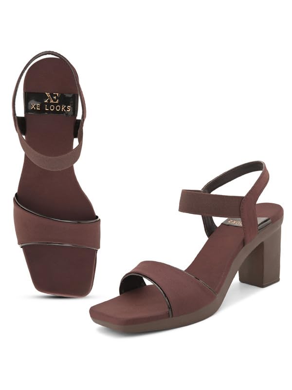 XE Looks Women's Brown Stylish Block Heels | Open-Toe Sandals with Elastic Support | Anti-Skid Sole & Cushioned Footbed Block Heels For Girls & Women - Image 1