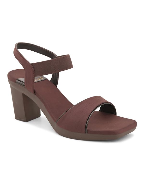 XE Looks Women's Brown Stylish Block Heels | Open-Toe Sandals with Elastic Support | Anti-Skid Sole & Cushioned Footbed Block Heels For Girls & Women - Image 5