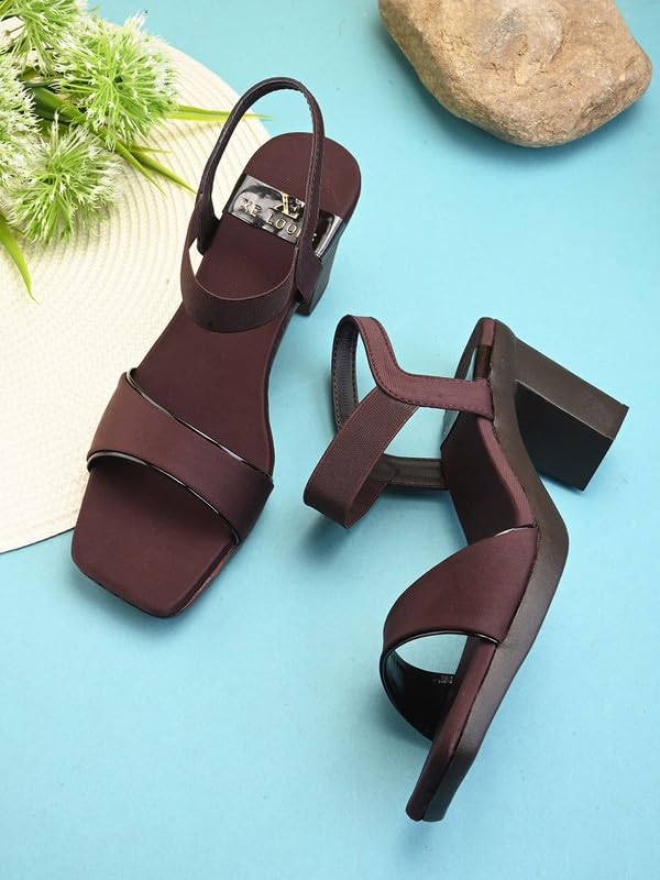 XE Looks Women's Brown Stylish Block Heels | Open-Toe Sandals with Elastic Support | Anti-Skid Sole & Cushioned Footbed Block Heels For Girls & Women - Image 2
