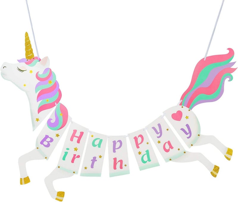 MANGO Unicorn Happy Birthday Banner  Pastel Color Unicorn Birthday Party Decoration for Kids  Glittery Unicorn Theme Birthday Party Supplies  Magical Unicorn Birthday Dcor for Girls - Image 1