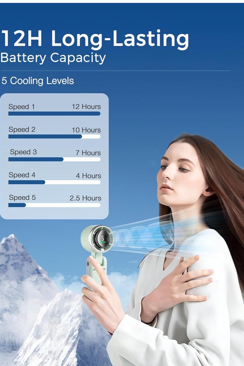 3 IN 1 Mini Fan, Portable Handheld Fan,(12H Standby), Desk/Neck Portable Fan with 5 Super Powerful Wind Speed&Brushless Motor, Rechargeable Personal Lash Pocket Fan for Travel Makeup Outdoor-Green - Image 4