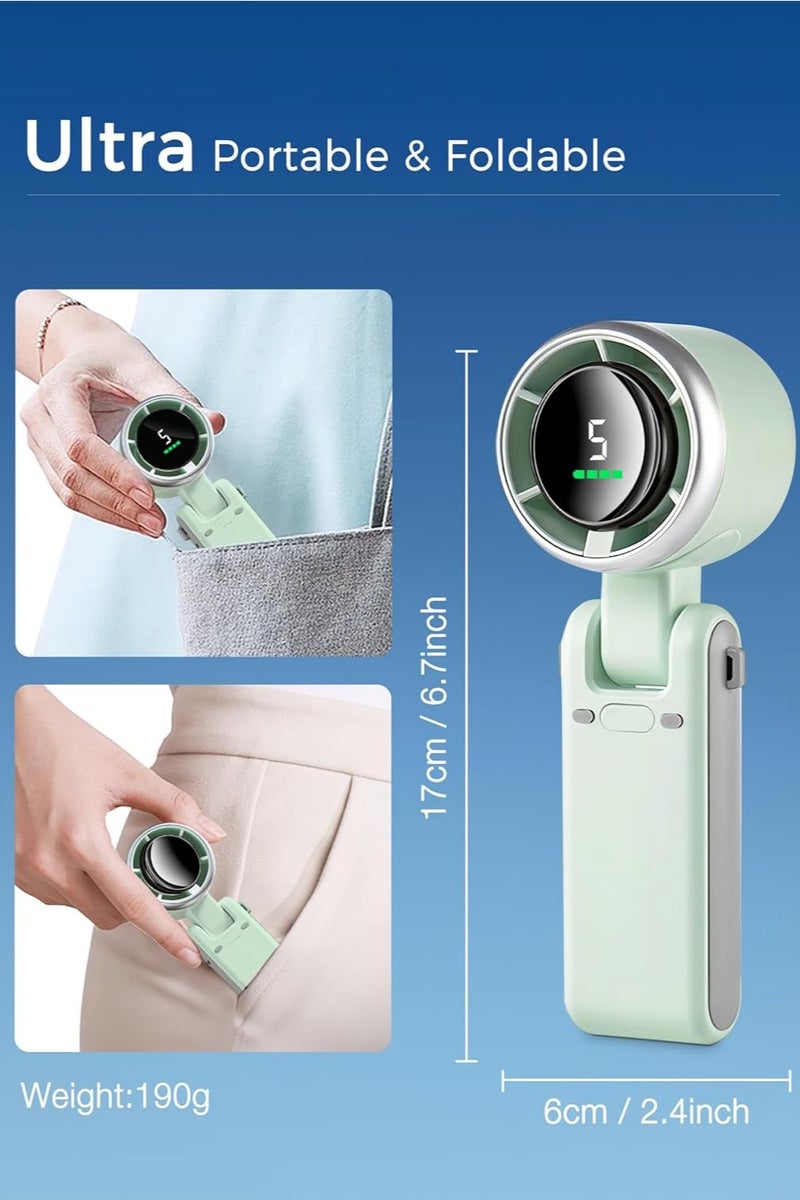 3 IN 1 Mini Fan, Portable Handheld Fan,(12H Standby), Desk/Neck Portable Fan with 5 Super Powerful Wind Speed&Brushless Motor, Rechargeable Personal Lash Pocket Fan for Travel Makeup Outdoor-Green - Image 2
